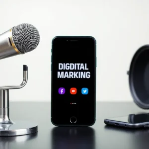 Microphone and smartphone with digital marketing elements.