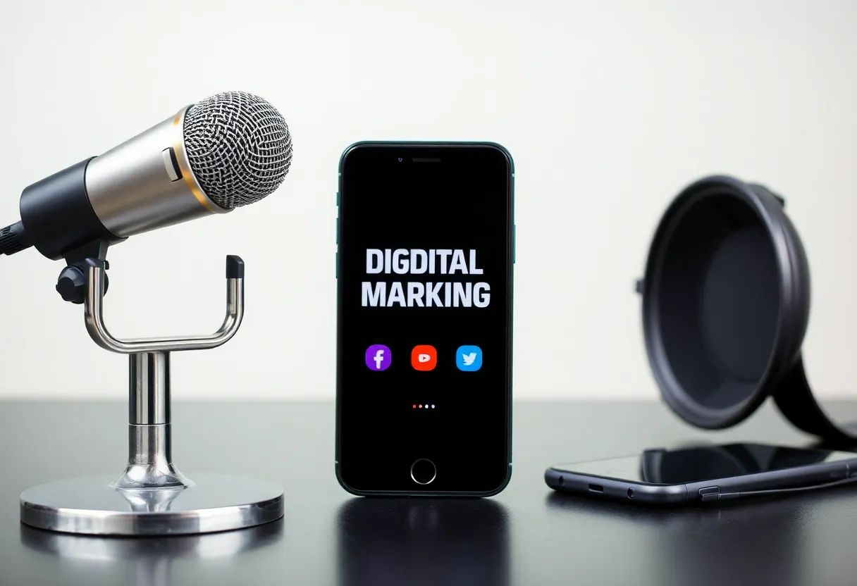 Microphone and smartphone with digital marketing elements.