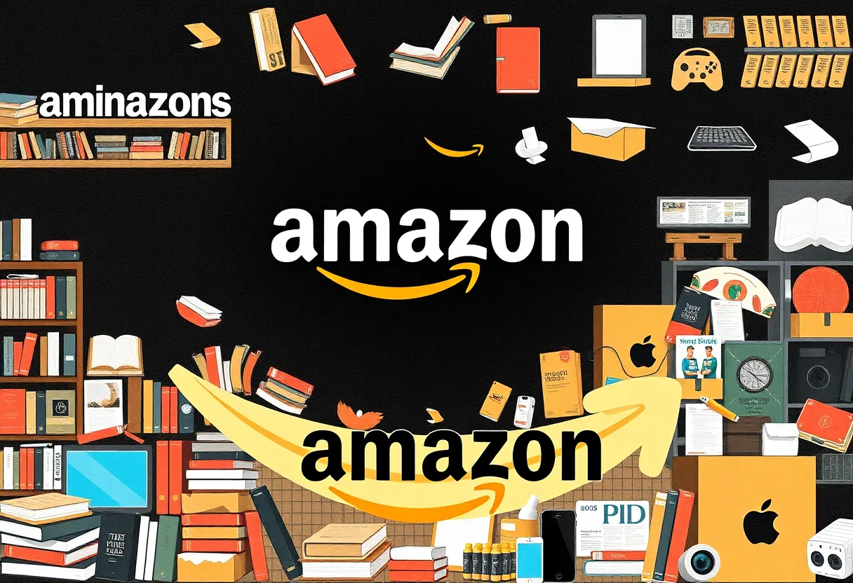 Collage of Amazon's growth from bookstore to online retail giant