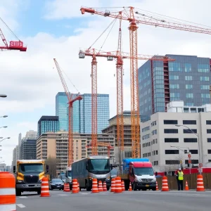 Construction site in Ann Arbor with cranes and workers