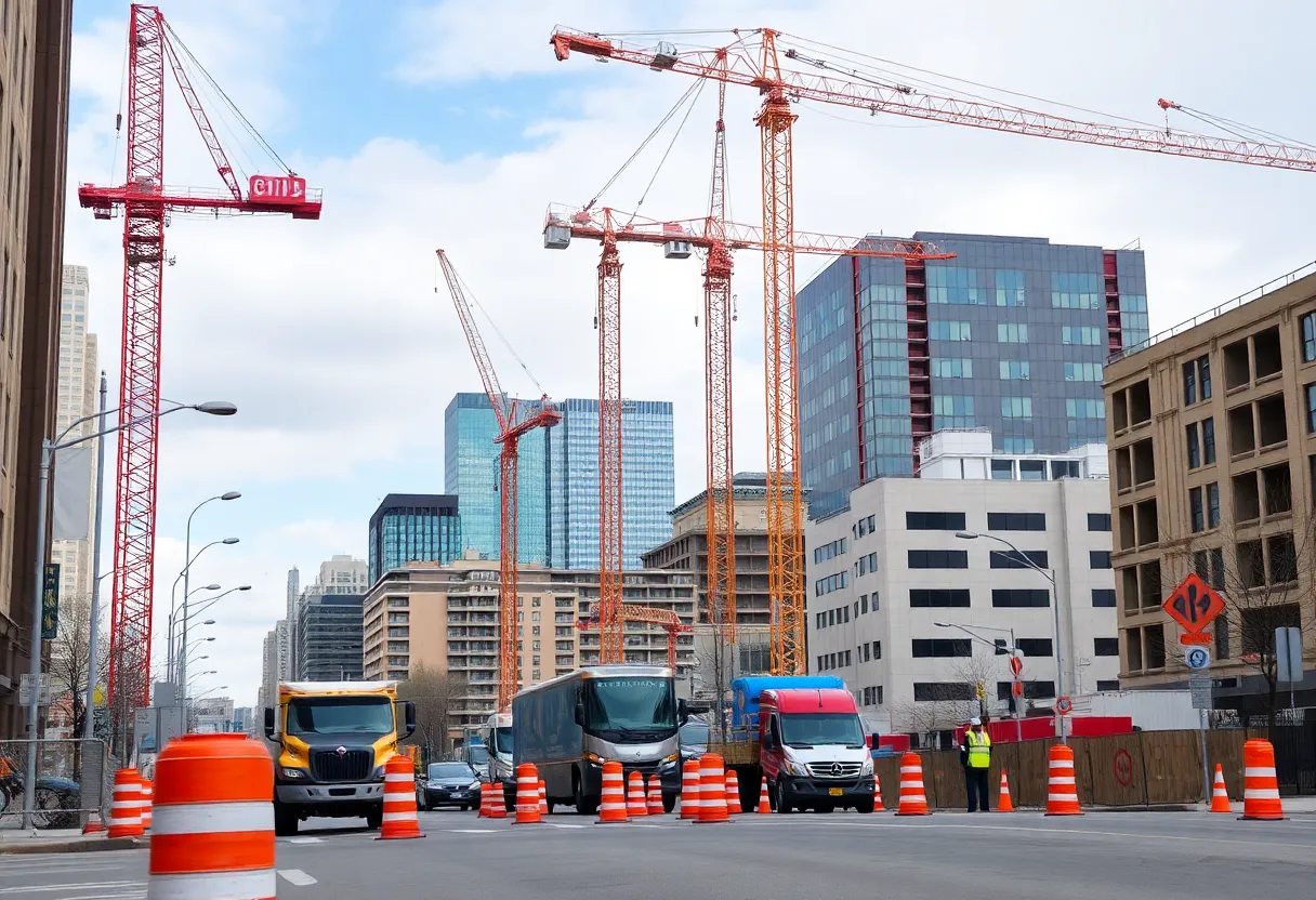 Construction site in Ann Arbor with cranes and high-rises