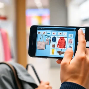 A shopper interacting with augmented reality shopping app.