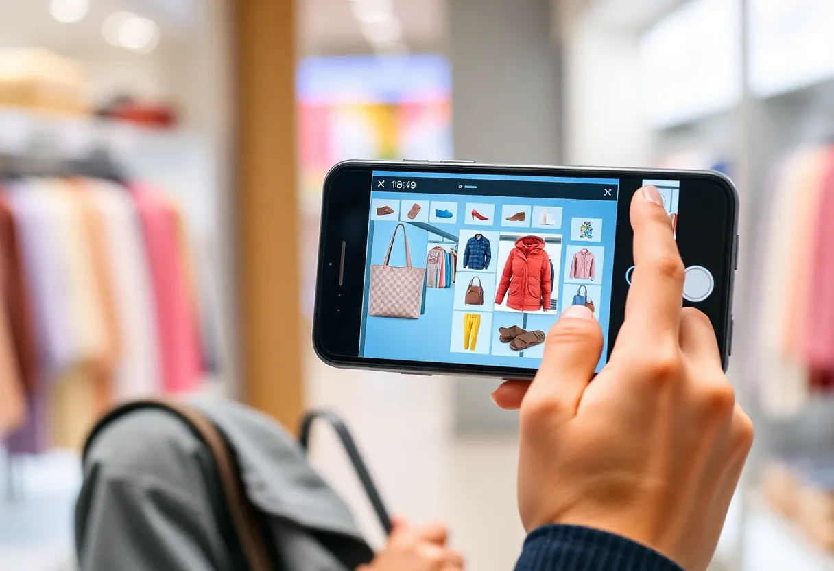 A shopper interacting with augmented reality shopping app.