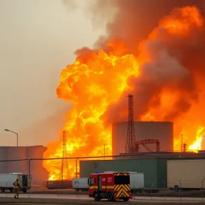 Firefighters battling a blaze at a battery storage facility