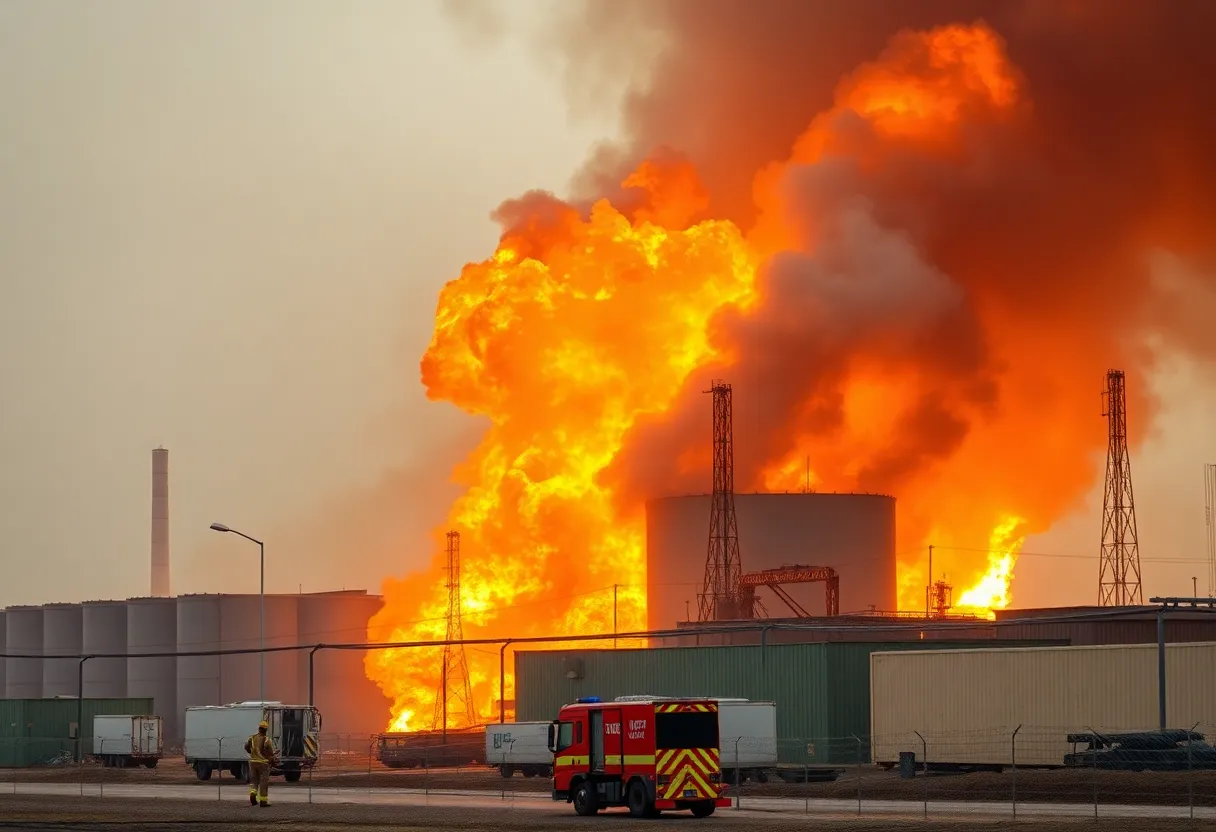 Firefighters battling a blaze at a battery storage facility