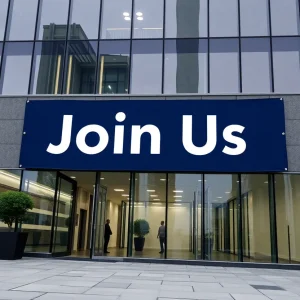 Corporate office building with a 'Join Us' banner