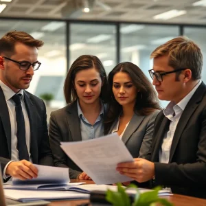 Employees reviewing buyout options in an office