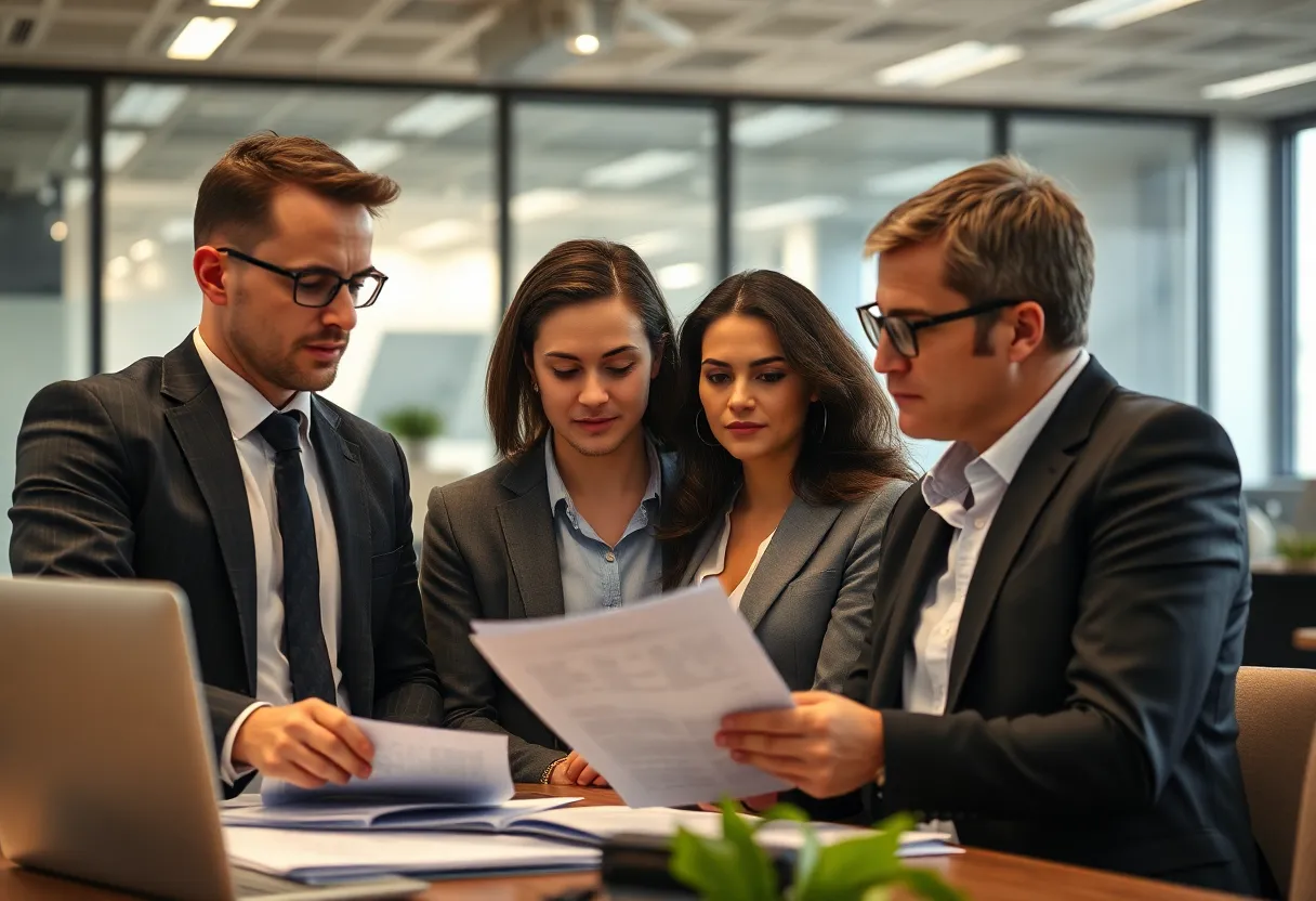 Employees reviewing buyout options in an office