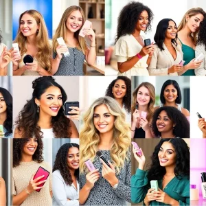 Diverse beauty influencers showcasing products in a vibrant collaboration.