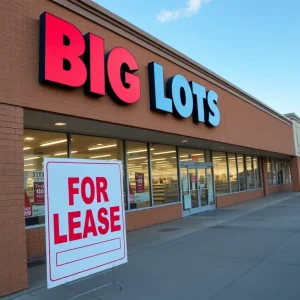 Big Lots store with lease sign in shopping plaza