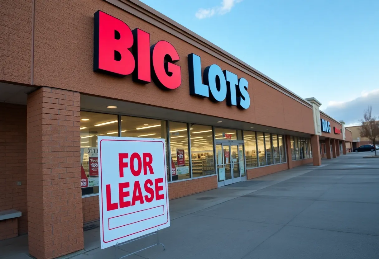 Big Lots store with lease sign in shopping plaza