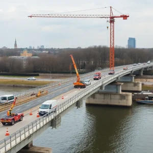 Construction workers on a bridge replacement site in Livonia.