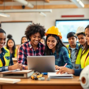 Students celebrating builder education in Michigan with various learning materials.