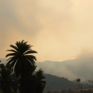 Dramatic view of wildfires in Southern California with strong winds and smoke.