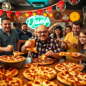 Joe Cruz celebrating as Casey's Chief Beer and Pizza Officer with pizzas and drinks