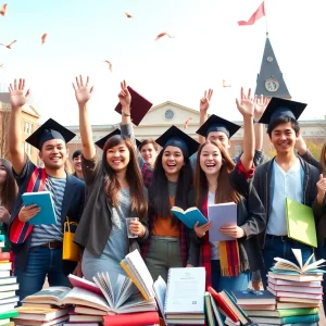 Students celebrating their achievements on MSU's campus.