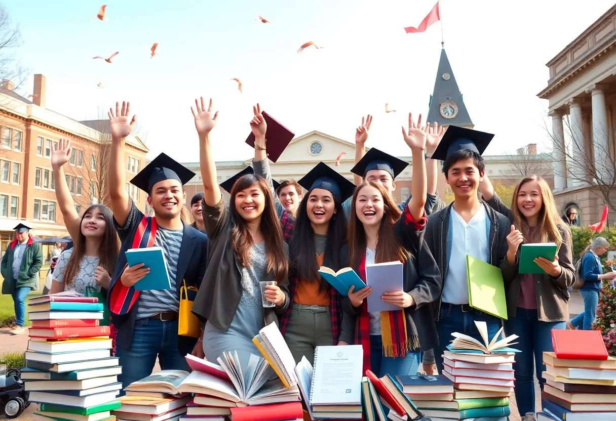 Students celebrating their achievements on MSU's campus.