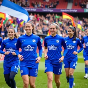 Chelsea FC Women players in training kits at Stamford Bridge