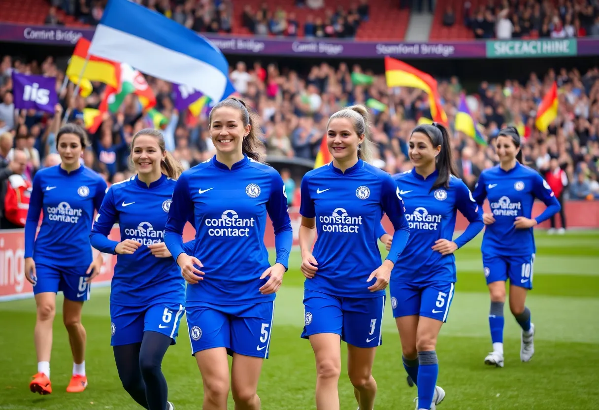 Chelsea FC Women players in training kits at Stamford Bridge