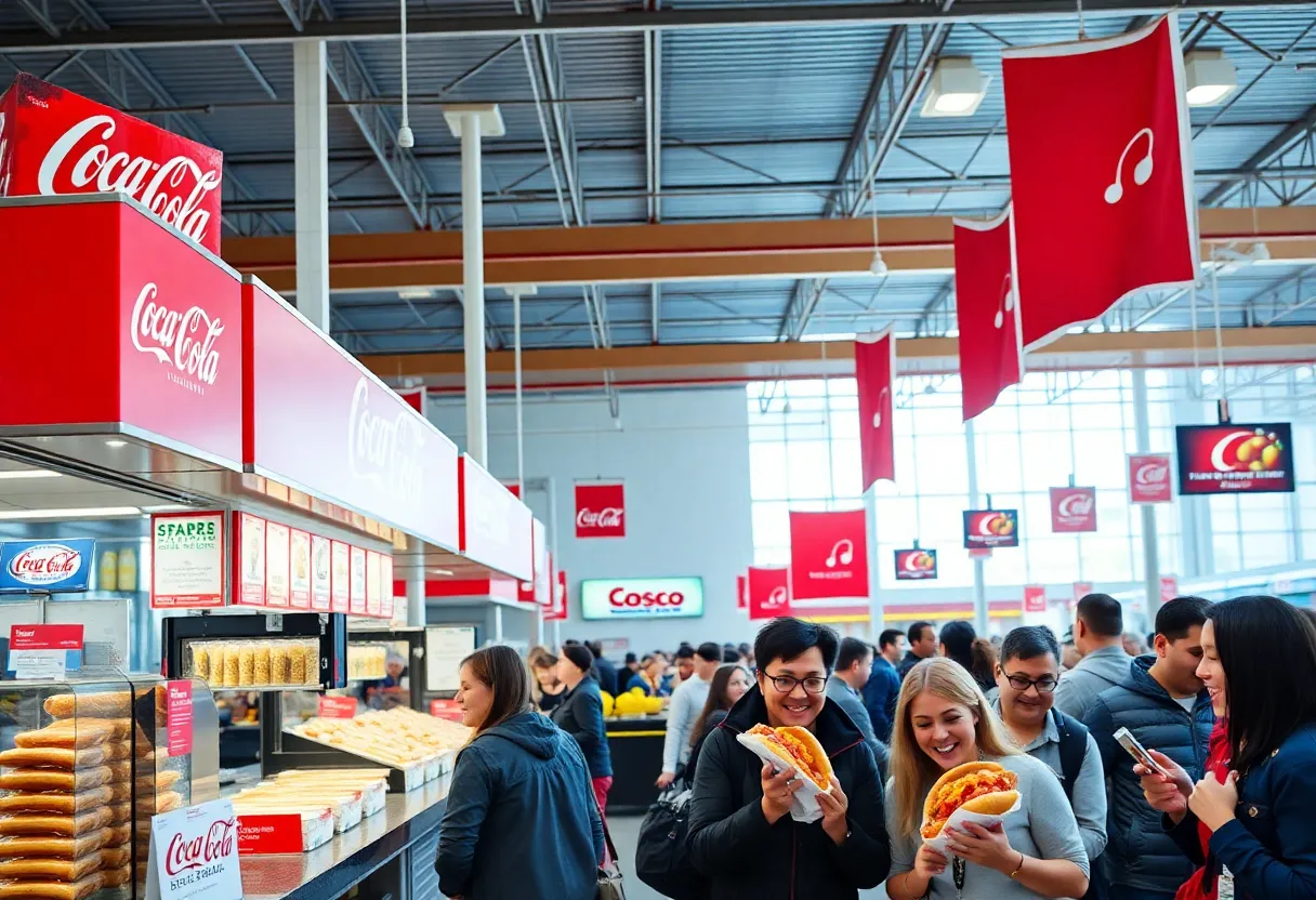 Coca-Cola drinks and hot dogs at a Costco food court