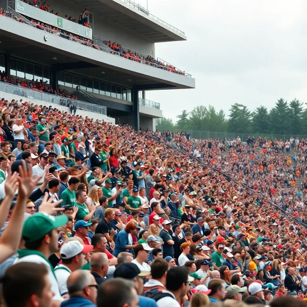 Stadium filled with fans cheering for college football teams