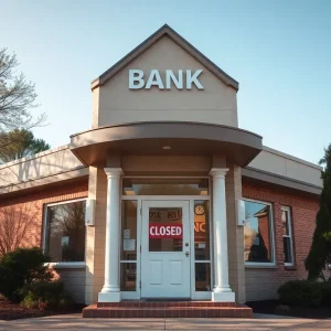 An illustration of a bank branch with closed signs and digital banking elements.