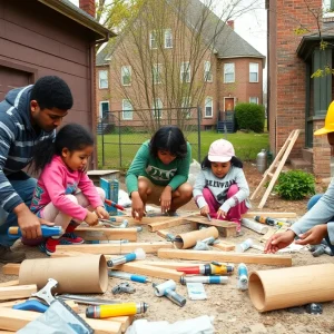 Families working on home repairs in Detroit with tools and supplies.