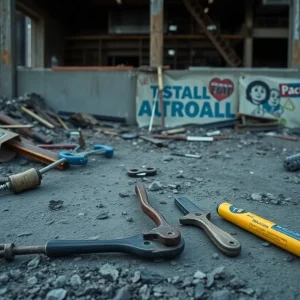 Construction site in Detroit with tools and urban backdrop