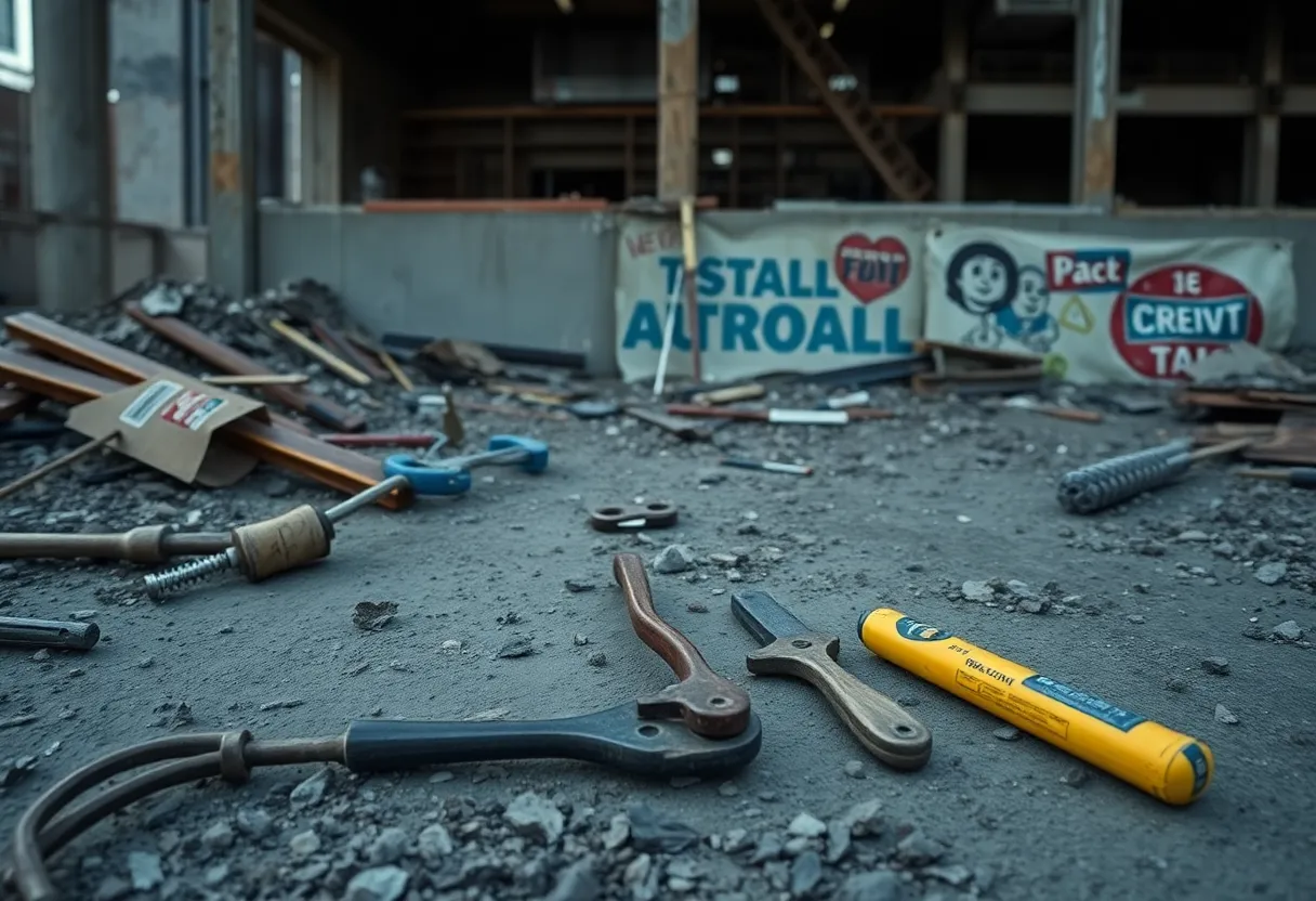 Construction site in Detroit with tools and urban backdrop