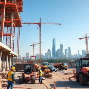 Construction workers collaborating on a busy site