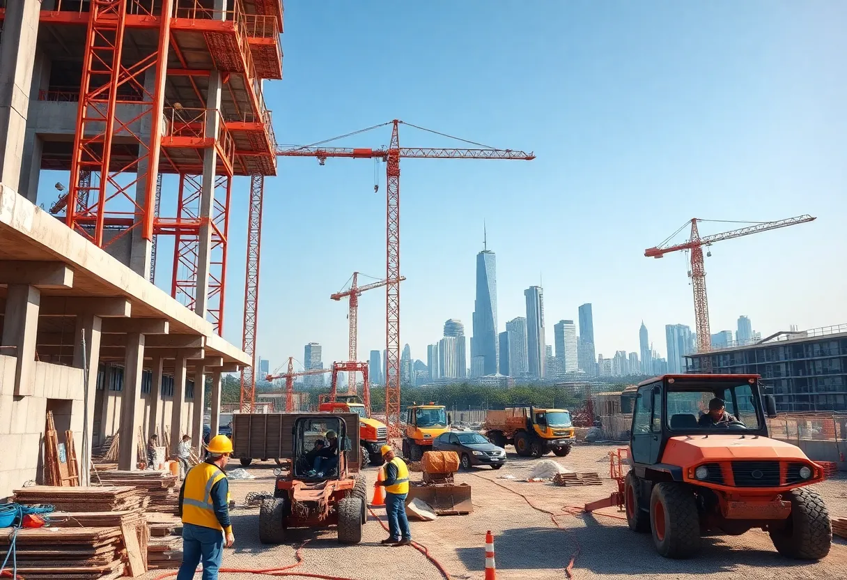 Construction workers collaborating on a busy site