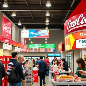 Customers enjoying Coca-Cola drinks in a Costco food court with hot dog combo.