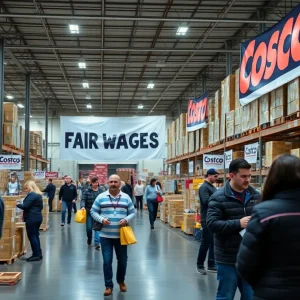 Costco employees discussing potential strike amidst contract negotiations.