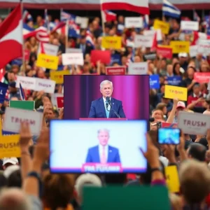 People gathered at a political rally with signs and banners