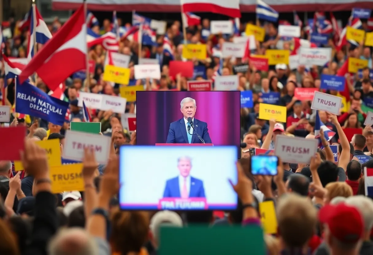 People gathered at a political rally with signs and banners