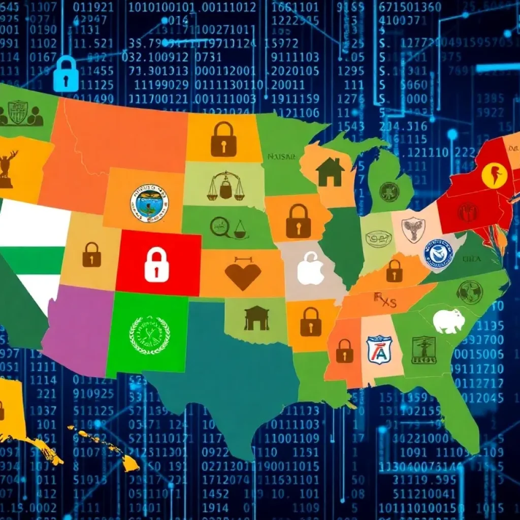 Collage of U.S. state symbols and digital data network representing data privacy laws.