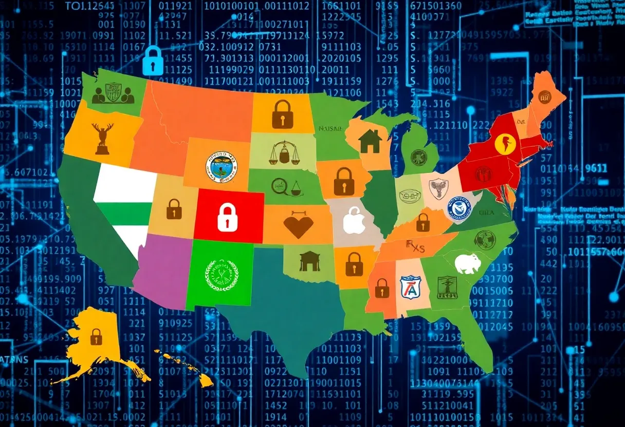 Collage of U.S. state symbols and digital data network representing data privacy laws.