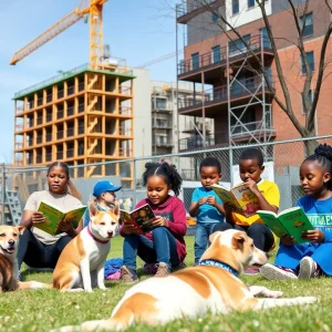 Detroit community initiatives featuring construction, reading programs, and rescued animals.