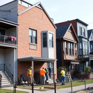 Construction workers renovating homes in a Detroit neighborhood