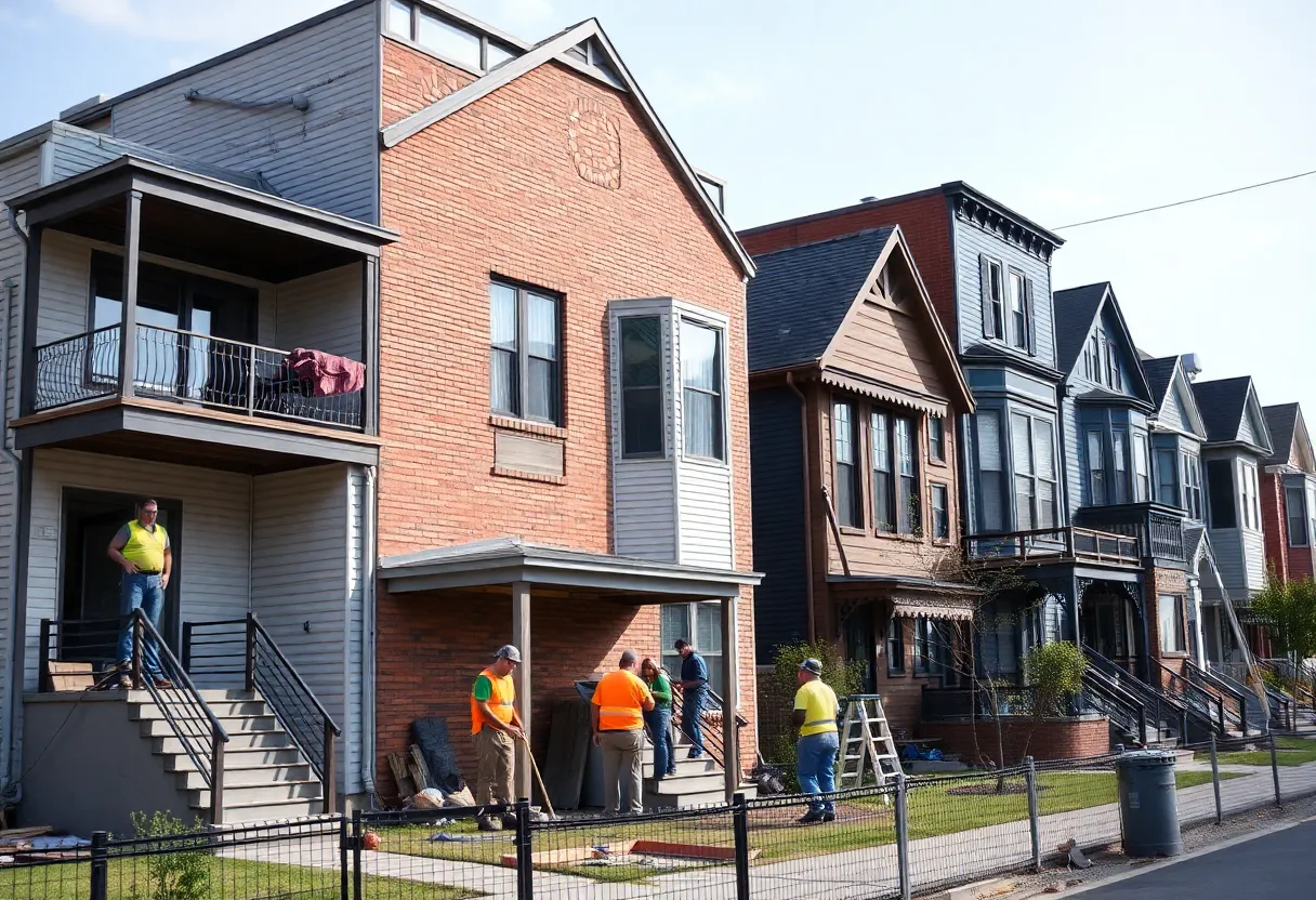 Construction workers renovating homes in a Detroit neighborhood