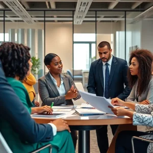 A diverse corporate team collaborating in an office environment.