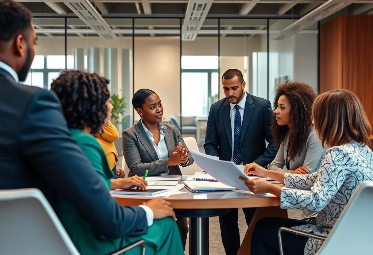 A diverse corporate team collaborating in an office environment.