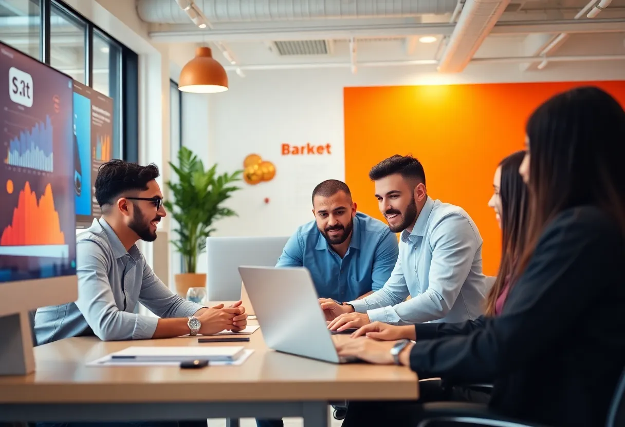 Professionals collaborating in a digital marketing office