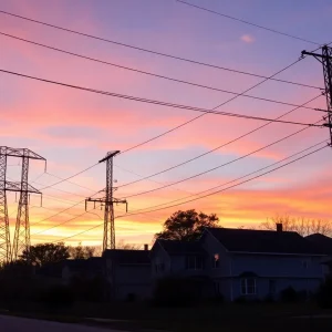 Power lines in Michigan at sunset representing energy costs