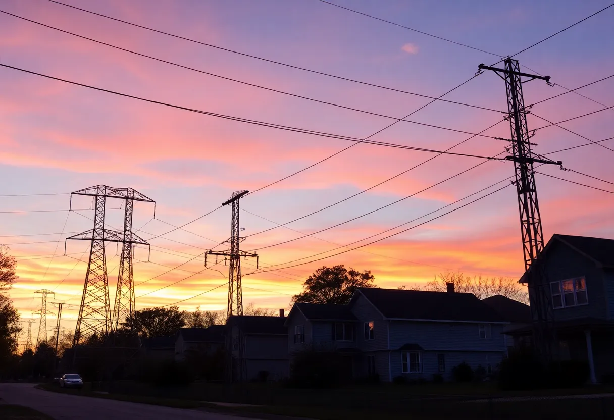 Power lines in Michigan at sunset representing energy costs