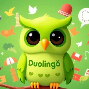 Duolingo's mascot, Duo, with cultural symbols