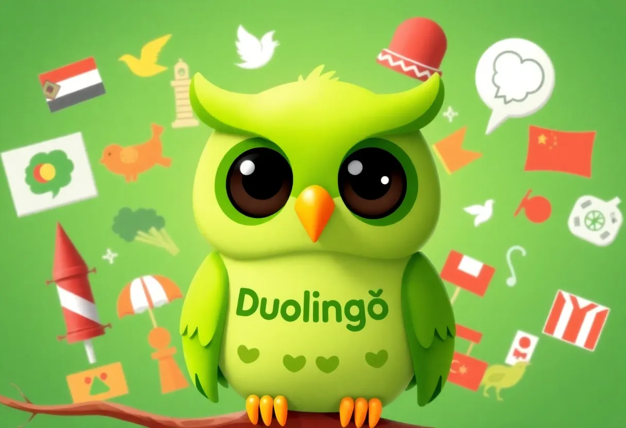 Duolingo's mascot, Duo, with cultural symbols