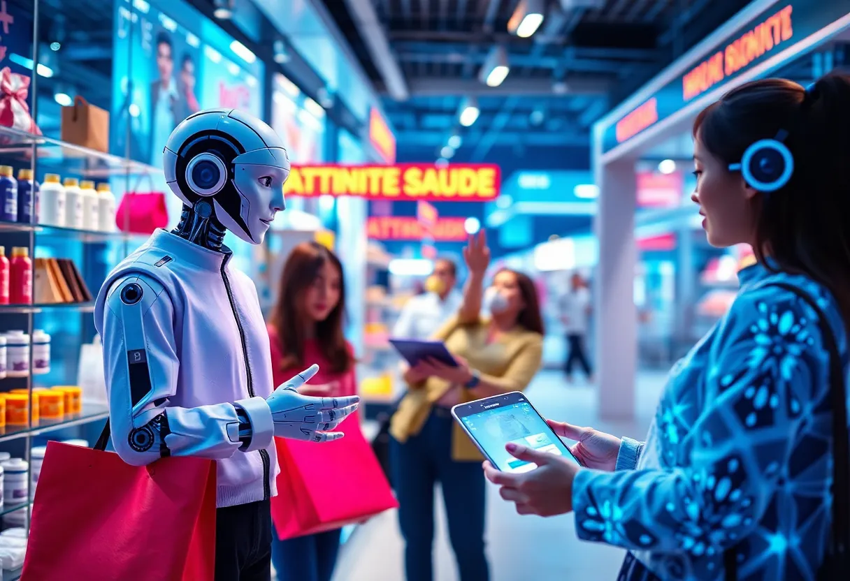 Futuristic scene depicting AI shopping assistants in online retail