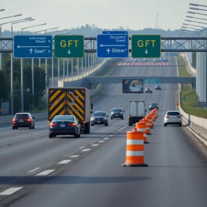 Construction area of Eastbound I-696 with machinery and traffic barriers