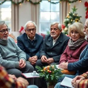 Community members discussing elder fraud awareness during the holiday season.